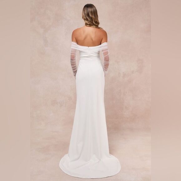 NWT Lulus Beautifully Beloved White Mesh Off-the-Shoulder Maxi Wedding Dress M - Picture 2 of 10